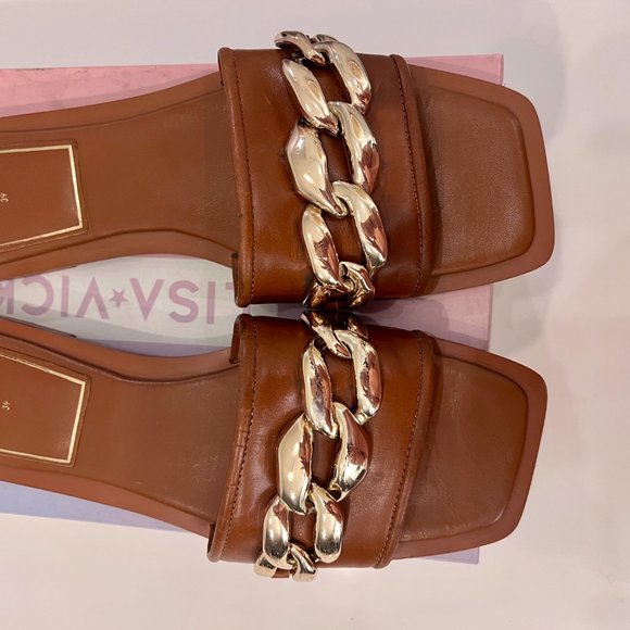 FLAT LEATHER SANDALS WITH CHAIN BROWN - Picture 4 of 5